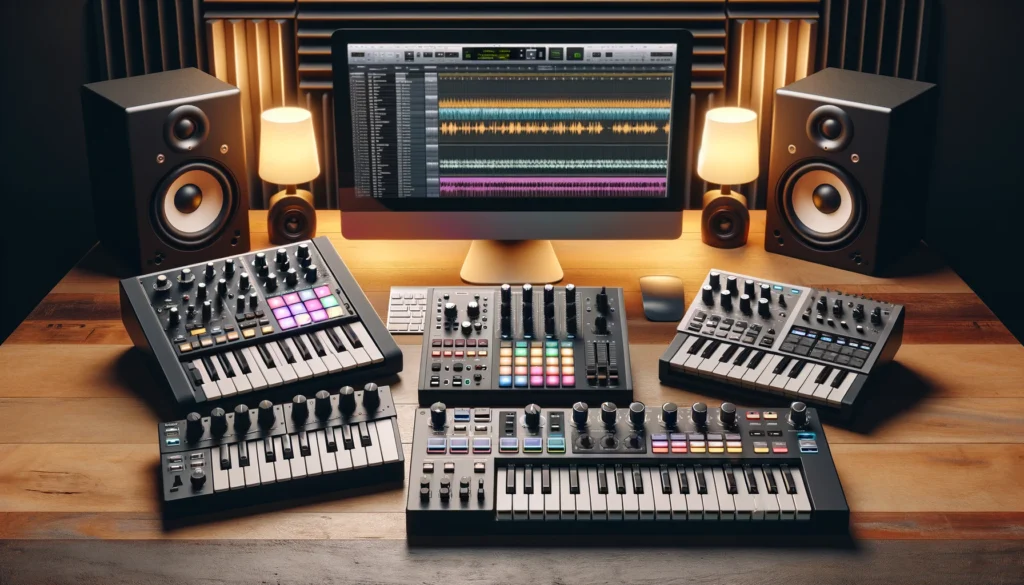 Studio setup with MIDI controller pairings: drum pad, keyboard, synth surface, and leads controller