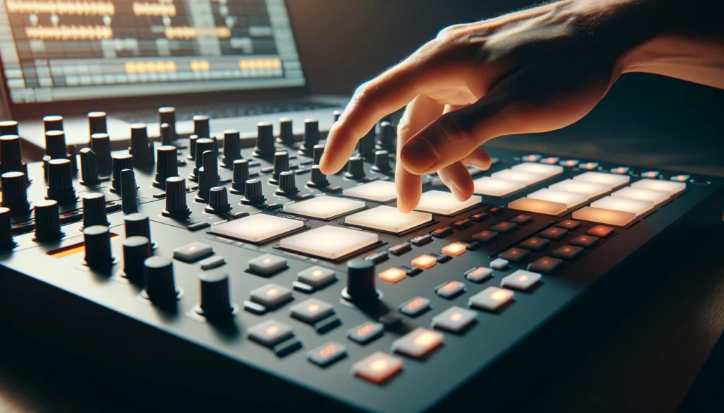 Close-up of Maschine MK3 and Plus with hands adjusting controls for MIDI