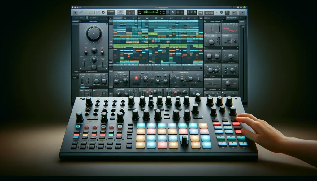 DAW screen showing Maschine integration for MIDI control mapping