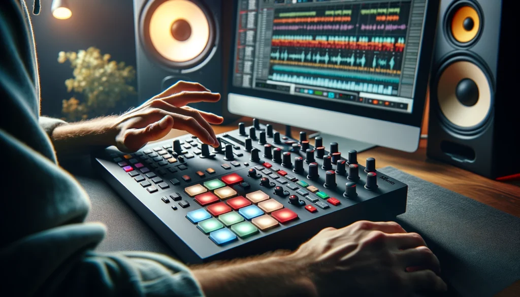 Producer using Maschine MK3 for music production, highlighting tactile control and workflow