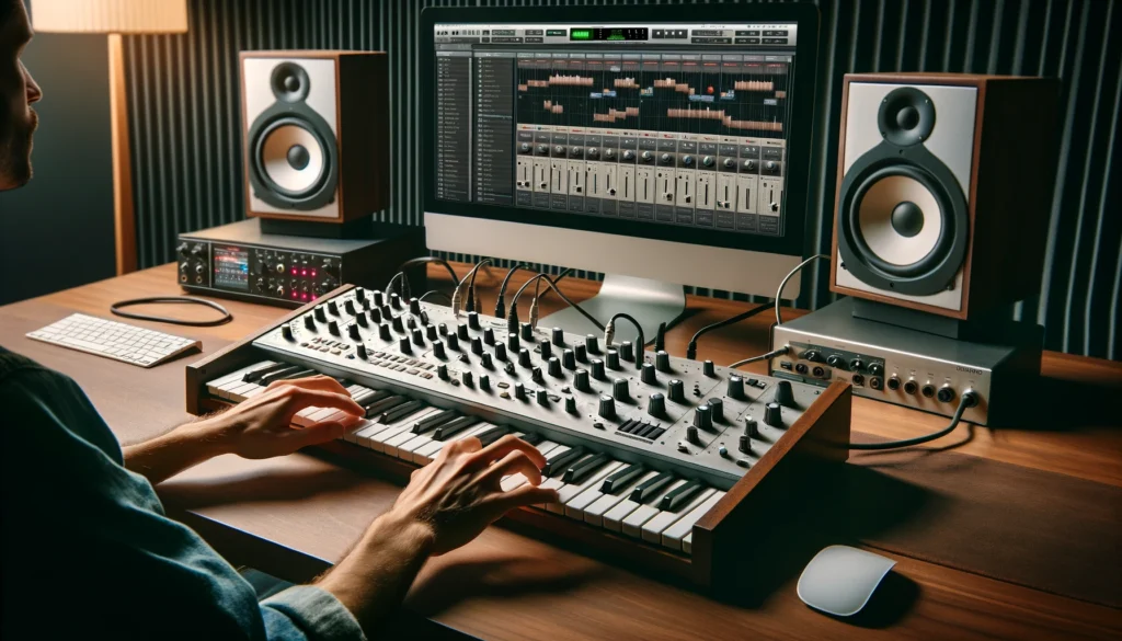 Music producer integrating a vintage synth into a MIDI setup with a DAW on a computer