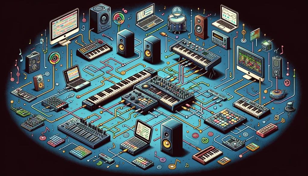 Illustration of various musical instruments and devices connected via MIDI, showcasing data exchange