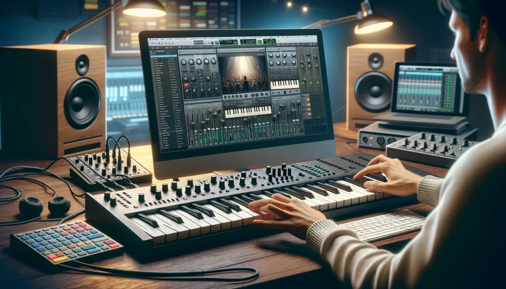 Musician using a synthesizer to control virtual instruments on a computer in a studio setup