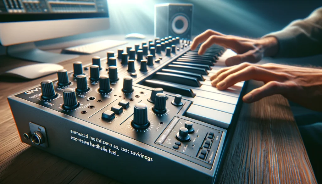 Musician's hands on a vintage synth as a MIDI controller, highlighting tactile feedback and control