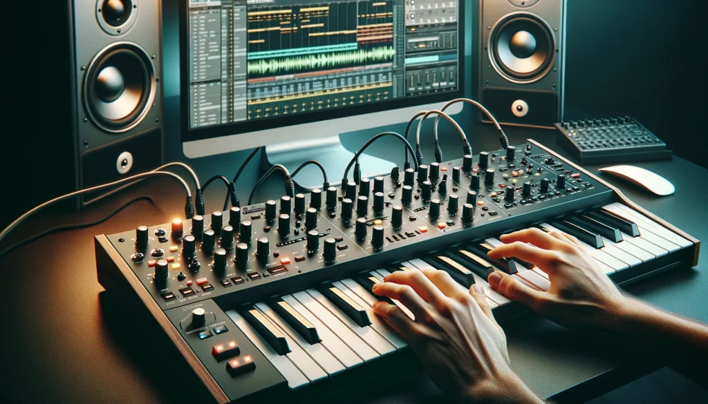 Synthesizer used as MIDI controller connected to computer in music production setup
