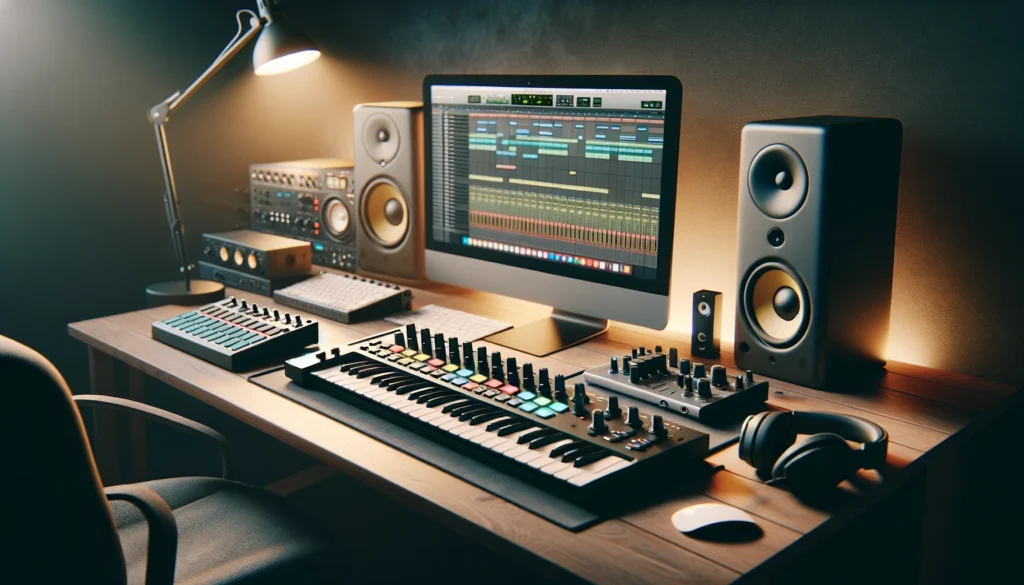 Showcases a modern home music production studio with a MIDI controller and audio interface connected to a computer, capturing the essence of music creation technology