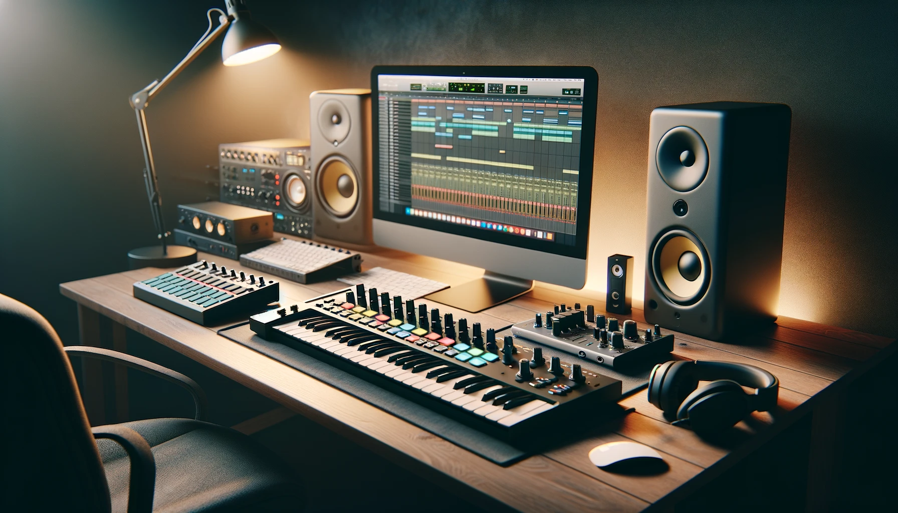 Showcases a modern home music production studio with a MIDI controller and audio interface connected to a computer, capturing the essence of music creation technology