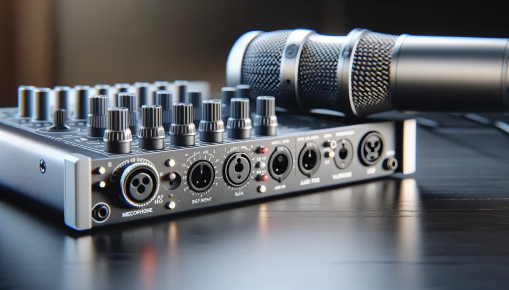 A detailed image of an audio interface, showcasing its various inputs and outputs, highlighting the crucial role it plays in a music production setup.