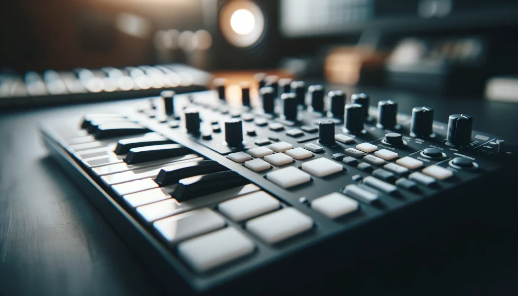 MIDI controller close-up with keys, pads, and knobs in a studio