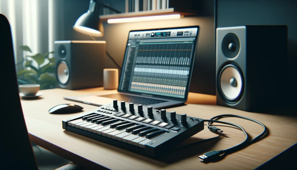 A modern, clean home studio setup highlighting a MIDI controller connected to a computer, embodying the simplicity of MIDI connectivity.