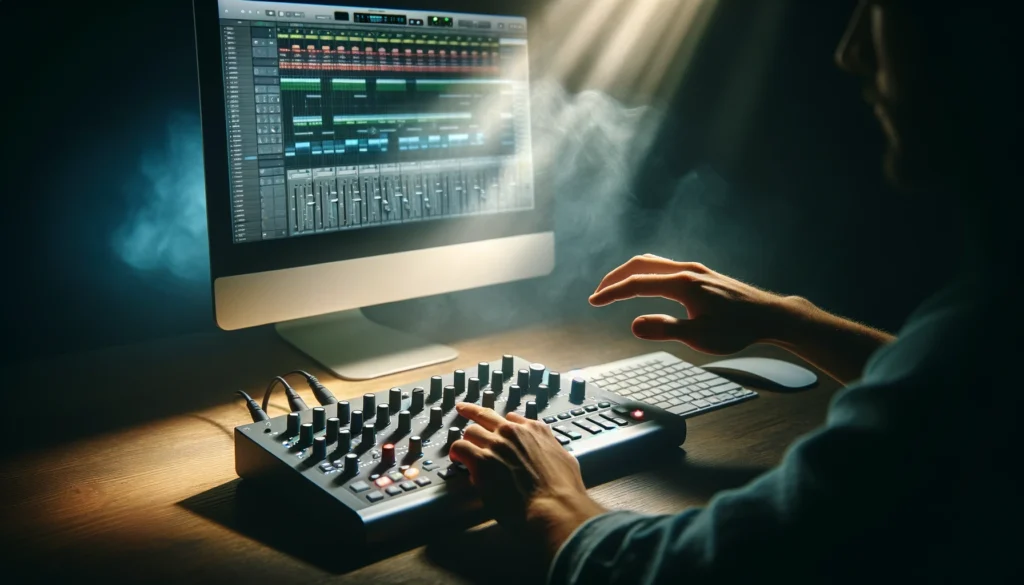 Person testing MIDI controller with DAW showing active signals