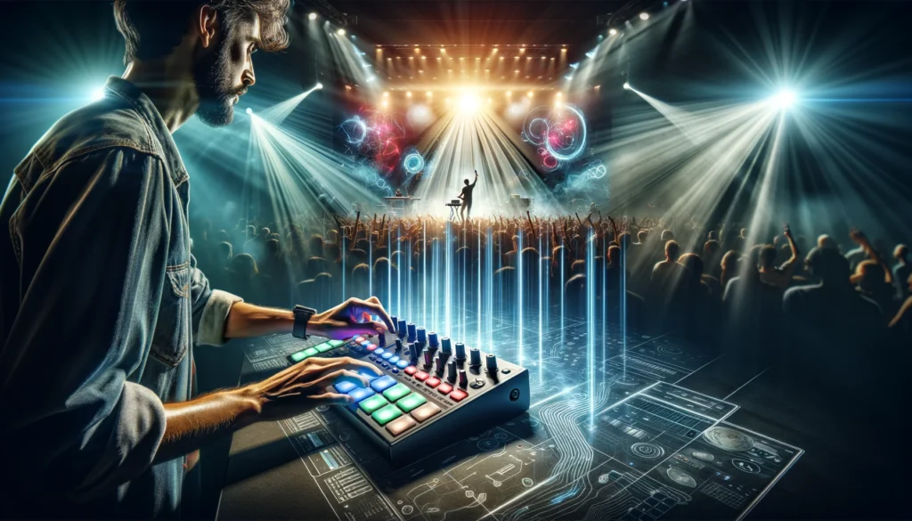 Live electronic music performance with artist using MIDI controller and engaging audience