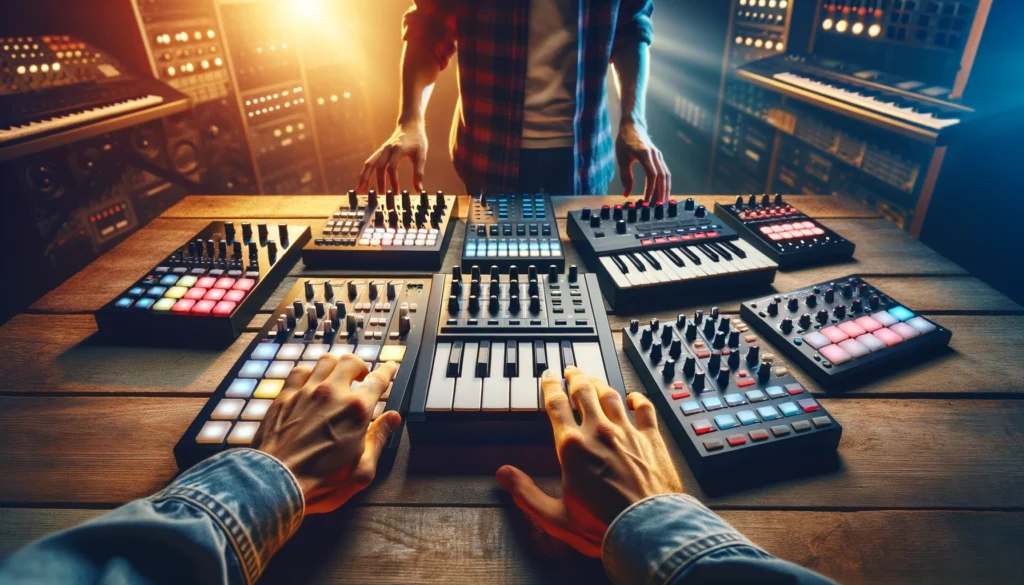 Artist comparing MIDI controllers, highlighting features for live performance needs