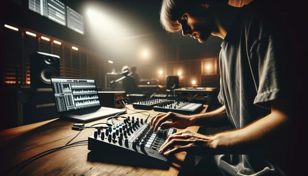 Artist rehearsing with MIDI controller, focusing on refining live performance