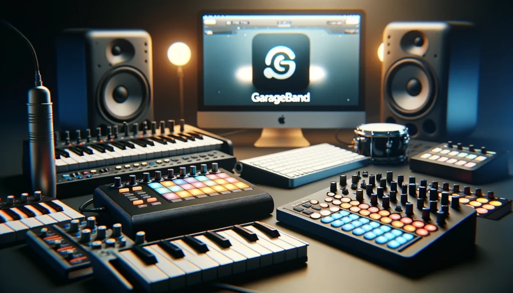 Variety of MIDI controllers with GarageBand on a computer.
