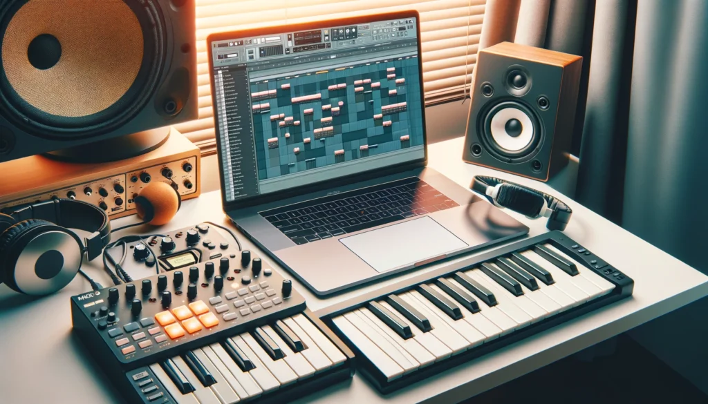 A visually engaging hero image for the blog post, showcasing a MIDI keyboard connected to a laptop with FL Studio open, ready for music production.