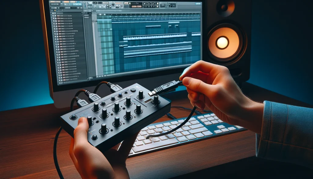 An image showing the process of connecting a MIDI controller to a computer, highlighting the initial setup with FL Studio in the background. 
