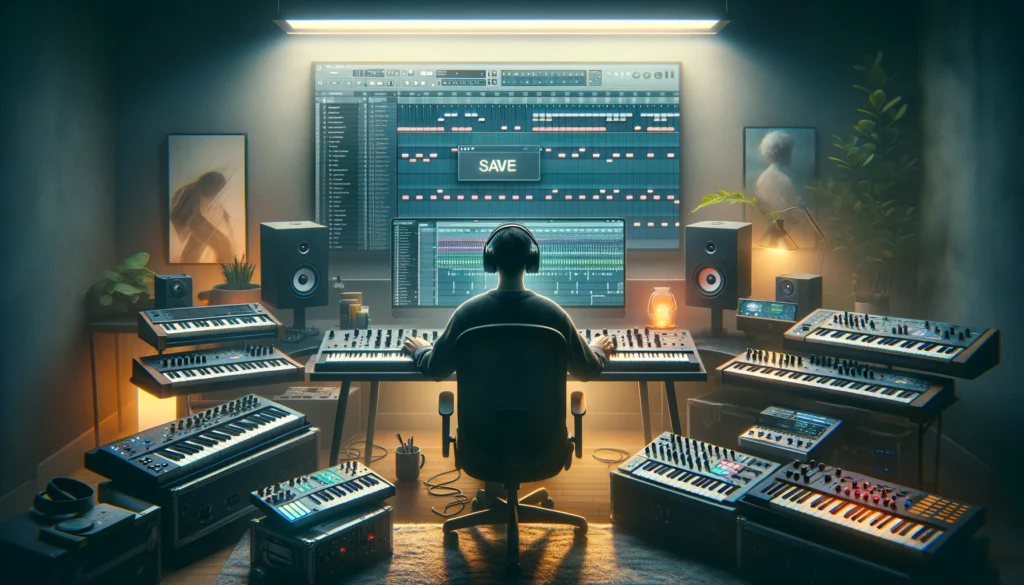 A home studio with MIDI controllers and a screen showing FL Studio, focusing on saving mappings.