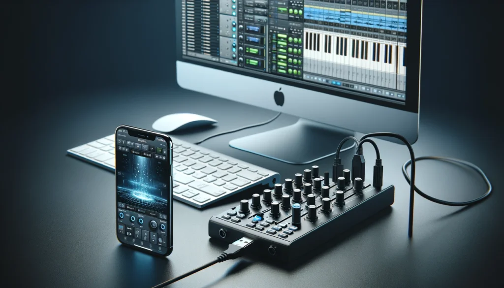 Smartphone connects to computer for music production.