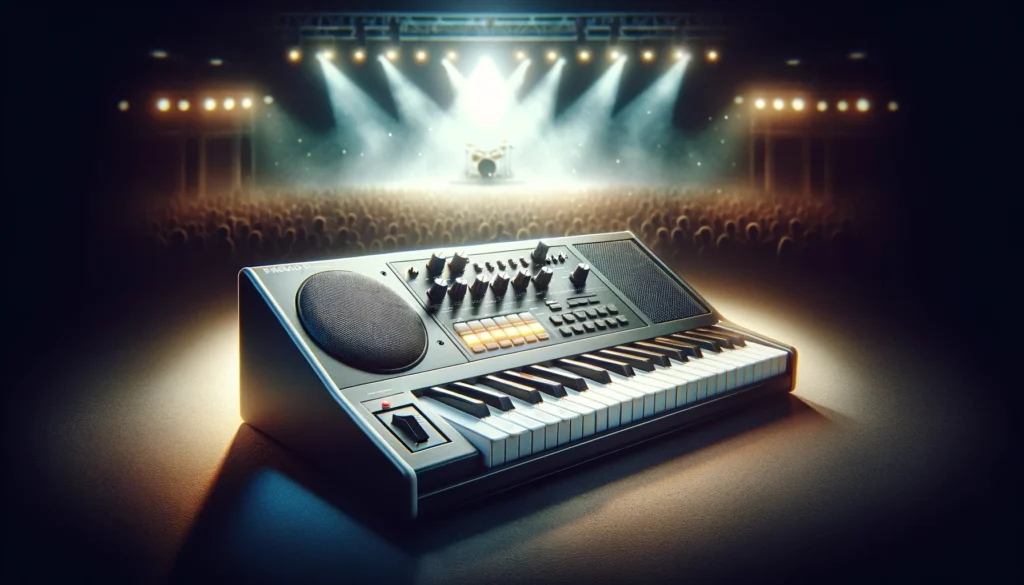 Classic keyboard spotlighted on stage, ready for a live performance with ambient lighting
