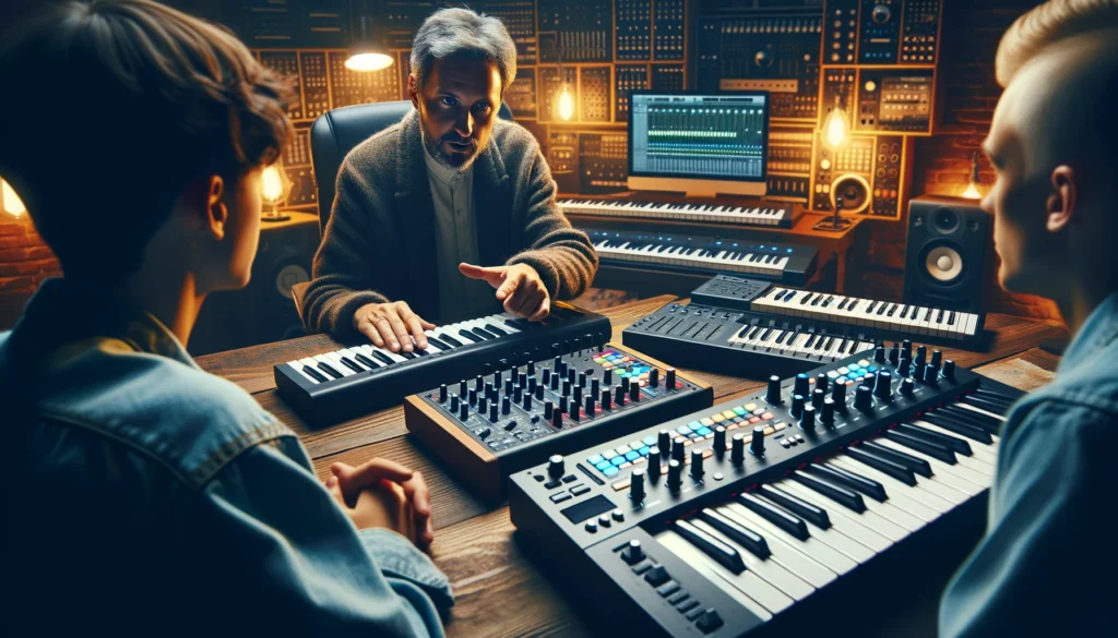 Music producer advising a musician on choosing between MIDI controller and keyboard