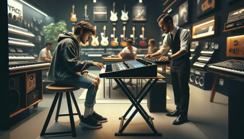 Musician testing MIDI controller and keyboard in store with salesperson assisting