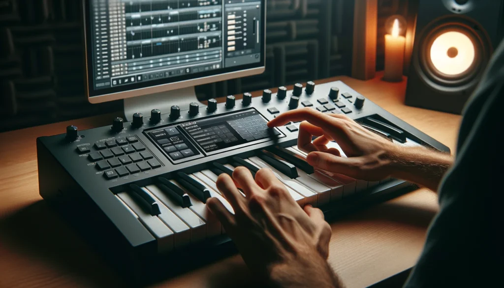 Musician adjusting MIDI settings on a keyboard in a home studio