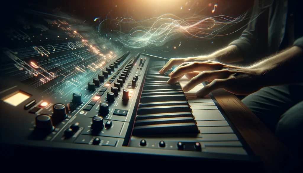 Hands on a keyboard, keys lighting up to show velocity and aftertouch