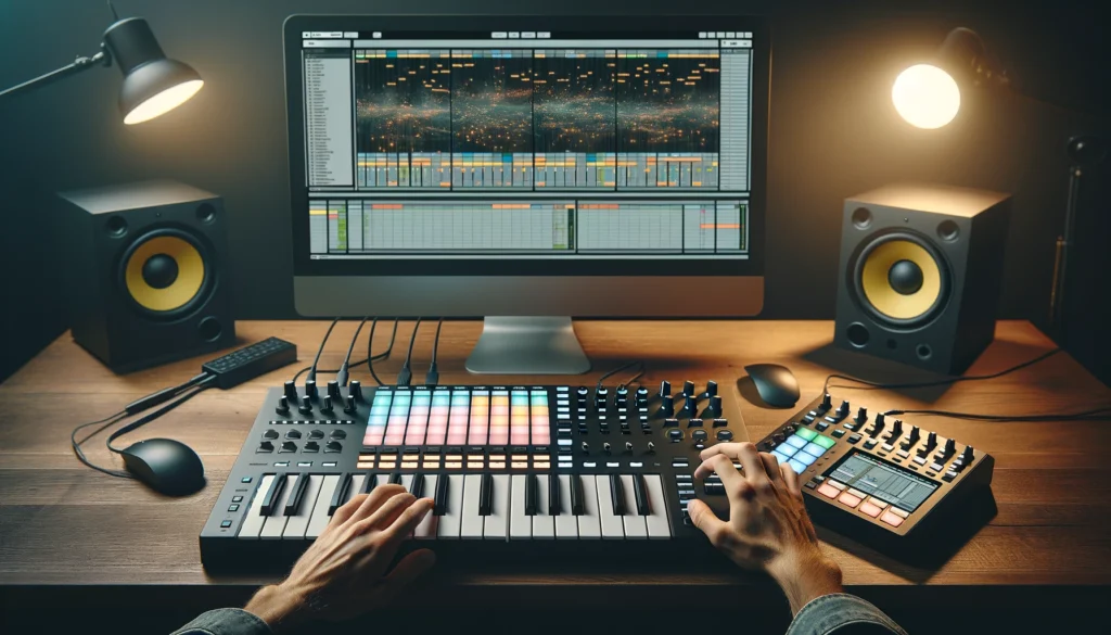 Two MIDI controllers in a studio, integrated with Ableton on a computer screen
