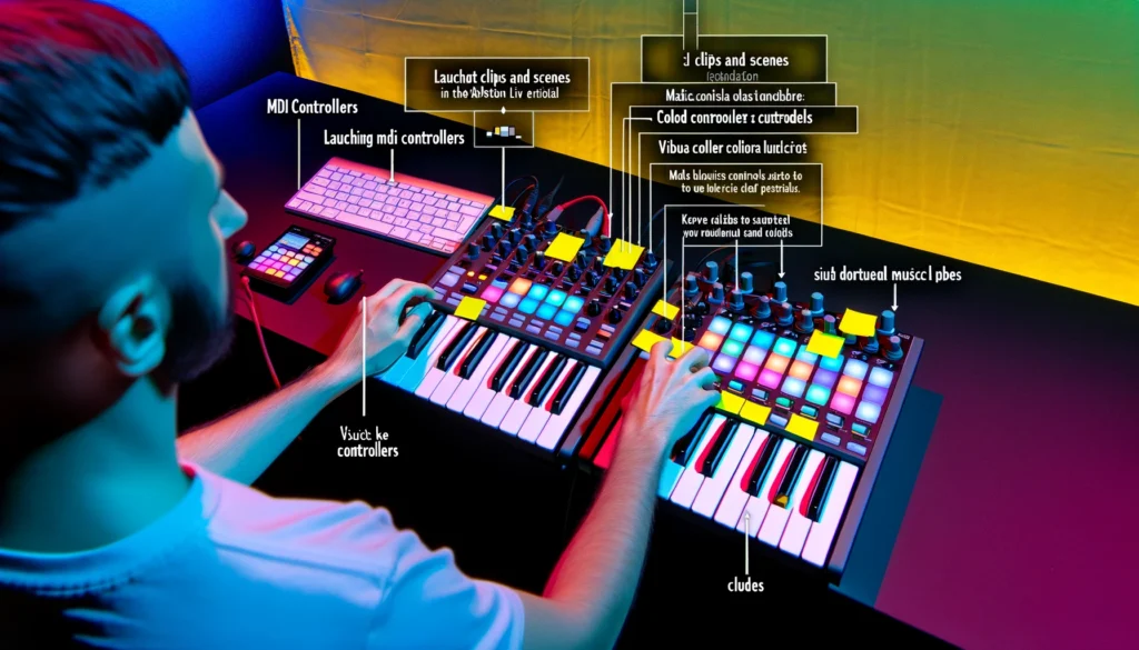 Live setup with two labeled MIDI controllers for distinct musical tasks