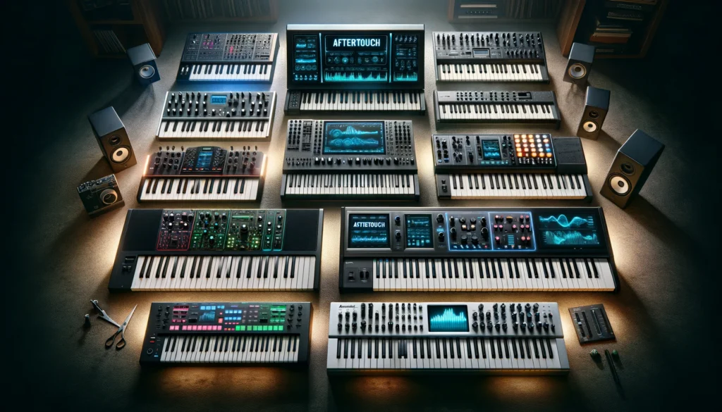 Variety of keyboards with aftertouch, from affordable to high-end, in a music studio
