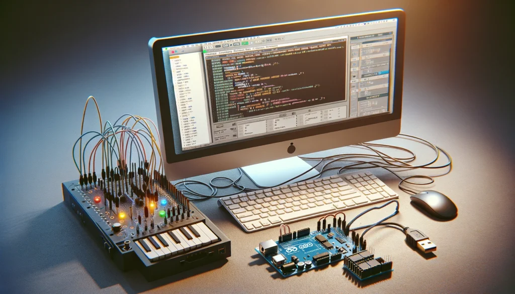 Computer with Arduino IDE open, showing MIDI code next to an Arduino board