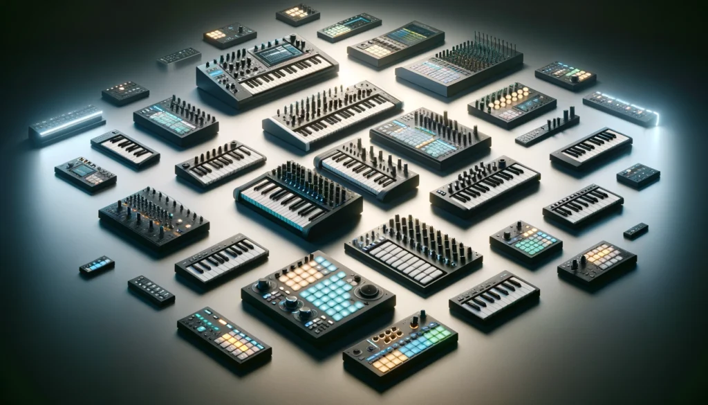 Various types of MIDI controllers designed for flexibility, showing keyboards, mixers, and drum pads with customizable features.