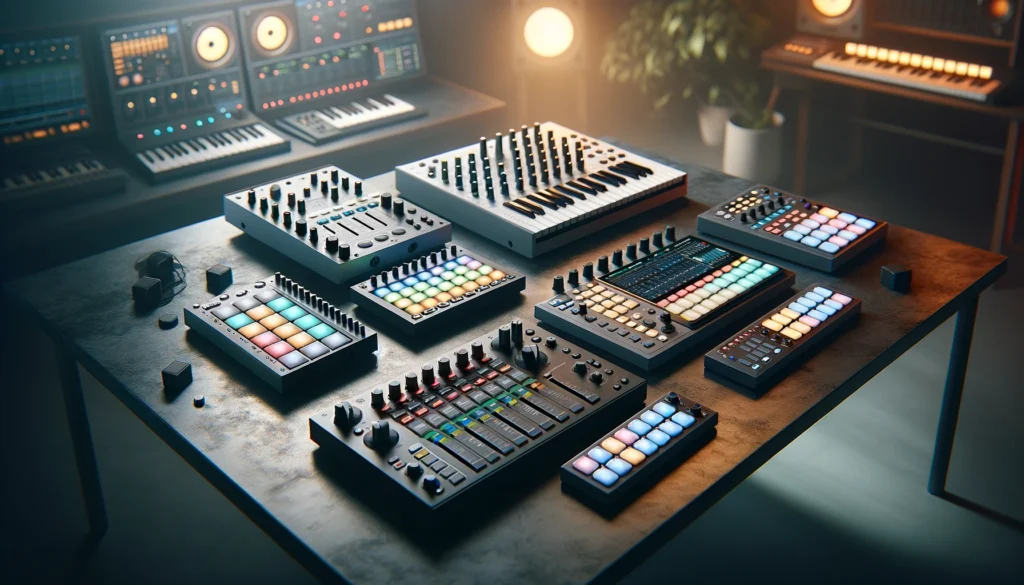 Advanced MIDI controllers with customizable controls in a studio setting