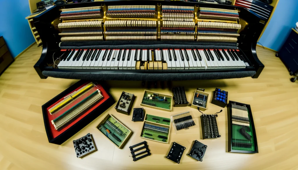 Workshop view of an acoustic piano being converted to a MIDI controller