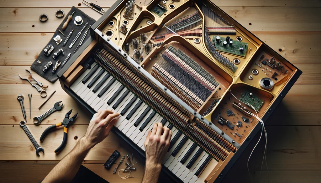 Technician installing MIDI kits on an acoustic piano