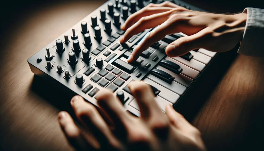 Close-up of hands playing a USB MIDI controller with keys and knobs.