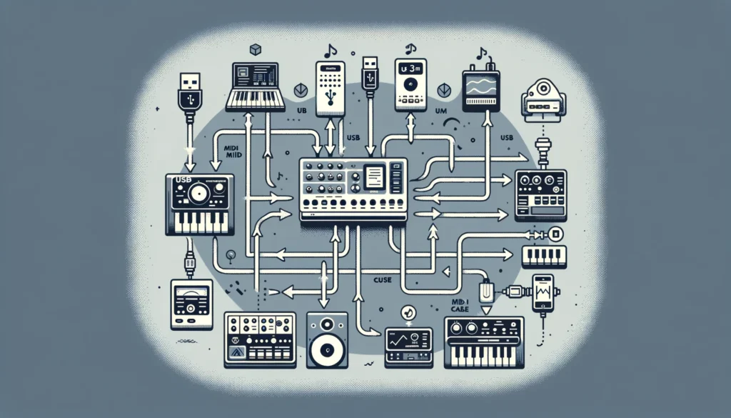 Illustrated MIDI data flow diagram between controller, computer, and devices