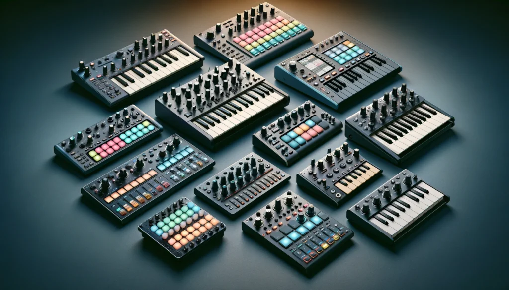 Variety of MIDI controllers in a studio highlighting different features