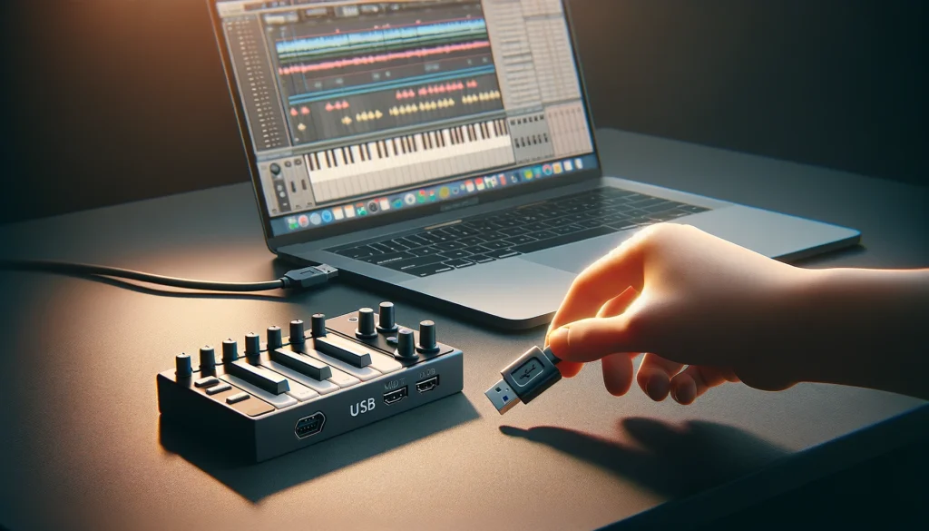 Musician connecting a MIDI controller to a laptop, showing DAW software