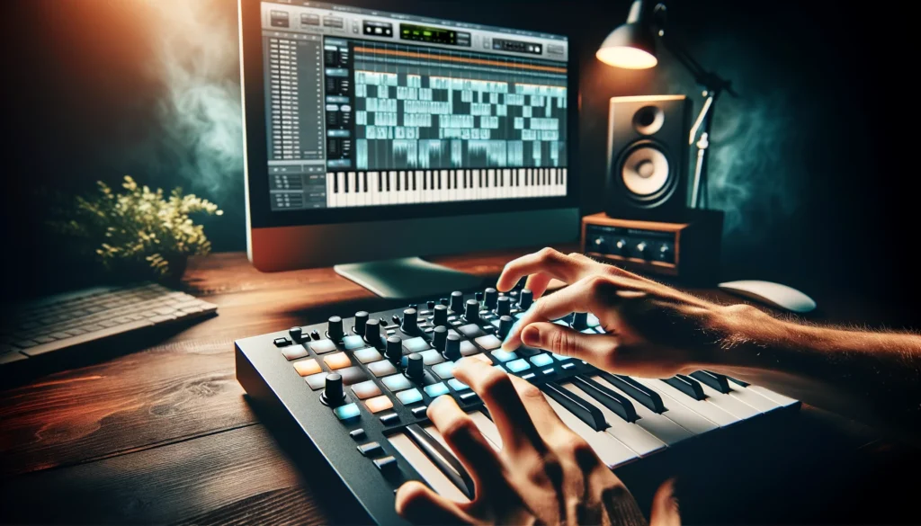 Musician using MIDI controller with DAW for versatile music production