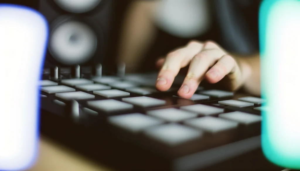 Musician's hands finger drumming on MIDI controller pads