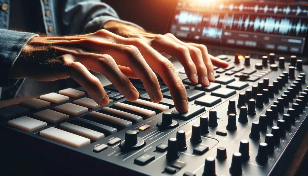 Musician practices digital scratching on MIDI controller with DJ software