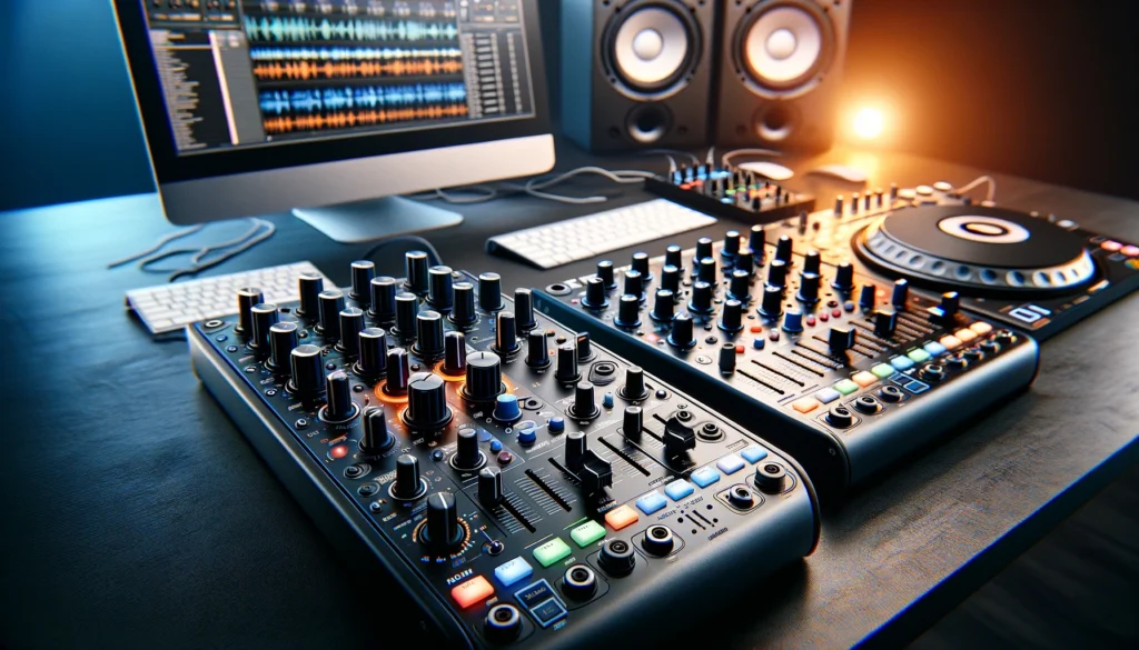 Rane MP2015 and Allen & Heath Xone:23C mixers highlighted as MIDI controllers in a DJ setup