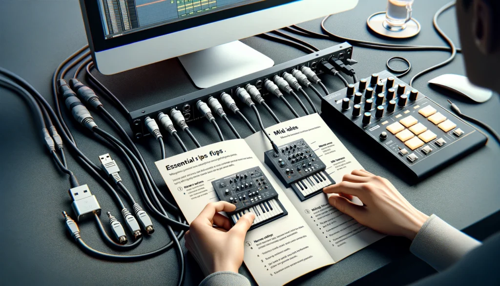 Key tips for MIDI setup highlighted: Quality cables, MIDI channel matching, and manual consultation for seamless integration