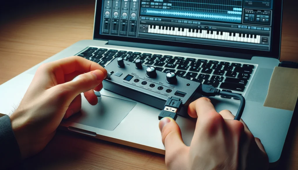 Hands connecting a MIDI controller to a laptop with music software