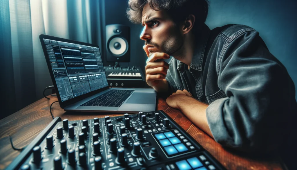 Musician pondering looper software on laptop in home studio setup