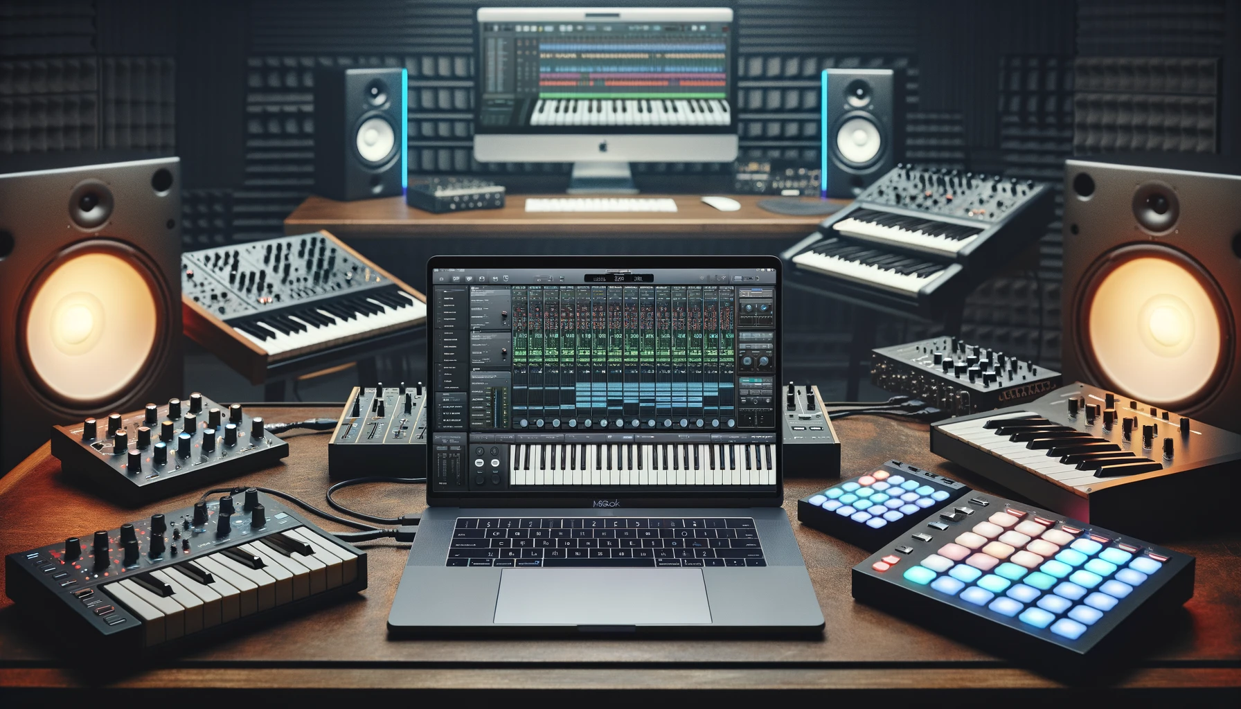 MacBook as MIDI controller hub in a studio with synthesizers and drum machines