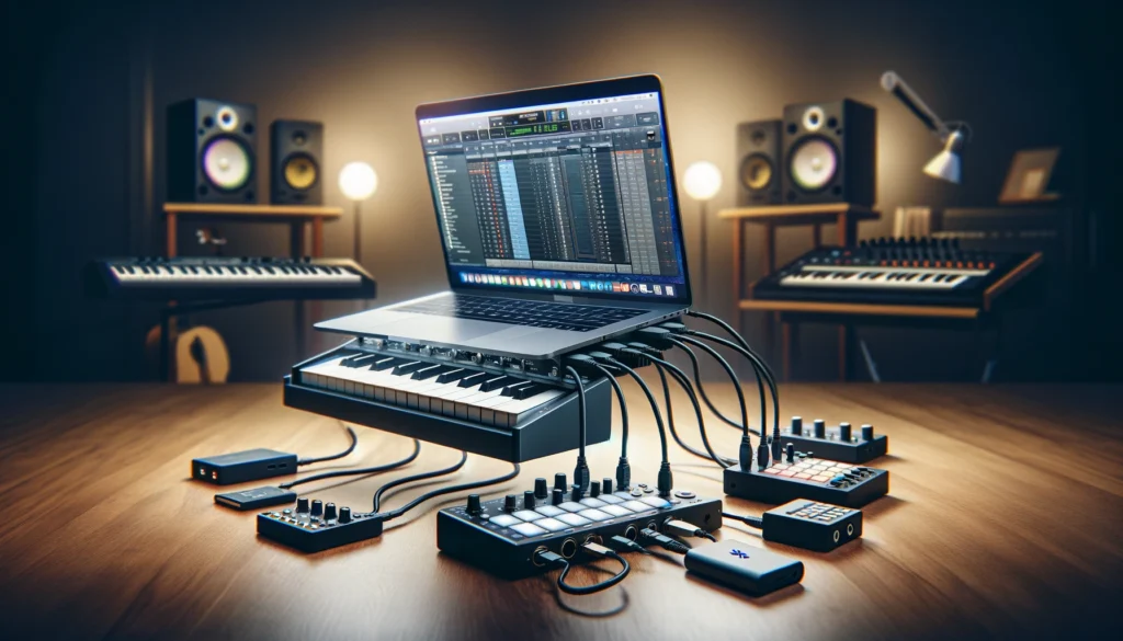 Close-up of MacBook's MIDI Studio settings for music production