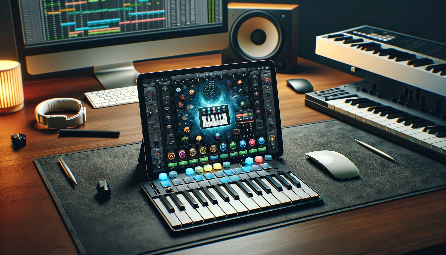 Tablet on a desk as MIDI controller with DAW software and studio gear
